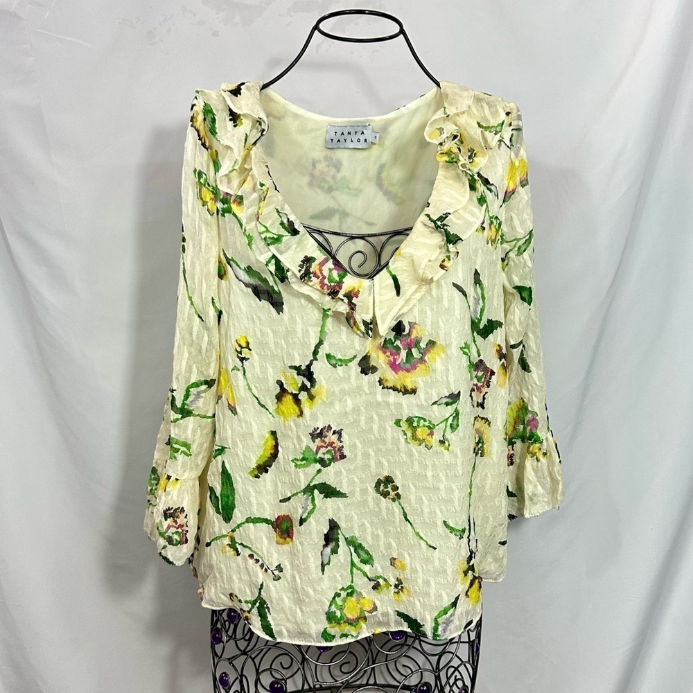 Tanya Taylor silk floral ruffle blouse size 0